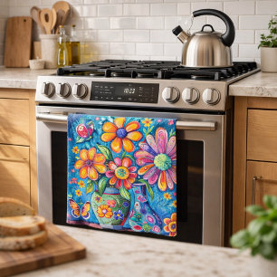 Linge De Cuisine Art populaire floral fantaisiste et coloré