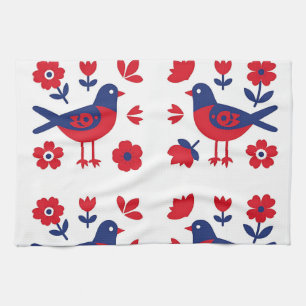 Linge De Cuisine Art populaire motif floral oiseau rouge bleu