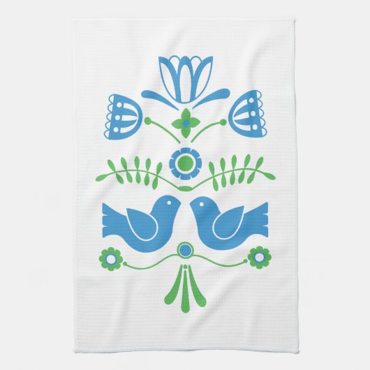 Linge De Cuisine Art populaire suédois Oiseaux et fleurs bleus (Vertical)