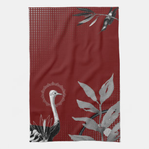 Linge De Cuisine Artistic Watercolor Leaves Ostrich Bourgogne & Gri