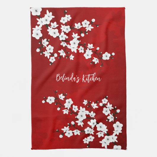 Linge De Cuisine Asia Floral Blanc Rouge Cerise Fleur Ajouter un no (Vertical)