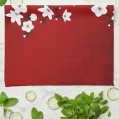 Linge De Cuisine Asie Floral blanc cerisier rouge (Plié)