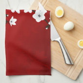 Linge De Cuisine Asie Floral blanc cerisier rouge (Quart Plié)