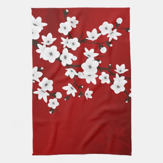 Linge De Cuisine Asie Floral blanc cerisier rouge (Vertical)