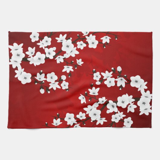 Linge De Cuisine Asie Floral blanc cerisier rouge (Horizontal)