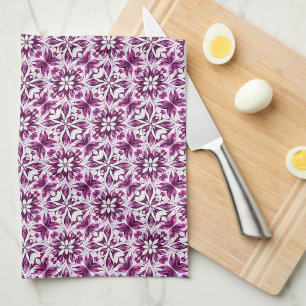 Linge De Cuisine Aubergine, Magenta & Blanc Motif Floral Damassé