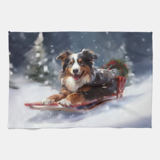 Linge De Cuisine Australian Shepherd hiver neige de Noël (Horizontal)