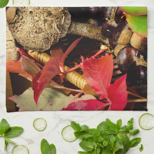 Linge De Cuisine Automne Feuilles automnales, châtaignes champignon (Plié)