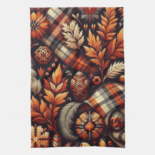 Linge De Cuisine Automne Plaid Feuilles Orange Black Motif (Vertical)