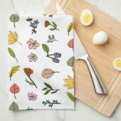 Linge De Cuisine automne rose rouge et jaune fleurs et feuilles (Quart Plié)