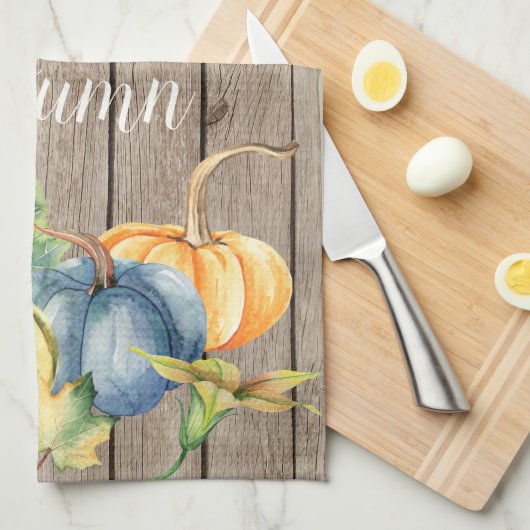 Linge De Cuisine Automne Vert Orange Citrouille Aquarelle Lt Bois (Quart Plié)