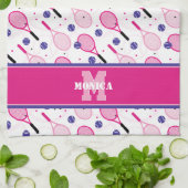 Linge De Cuisine Avec nom & initiale, raquettes de tennis rose & vi (Plié)