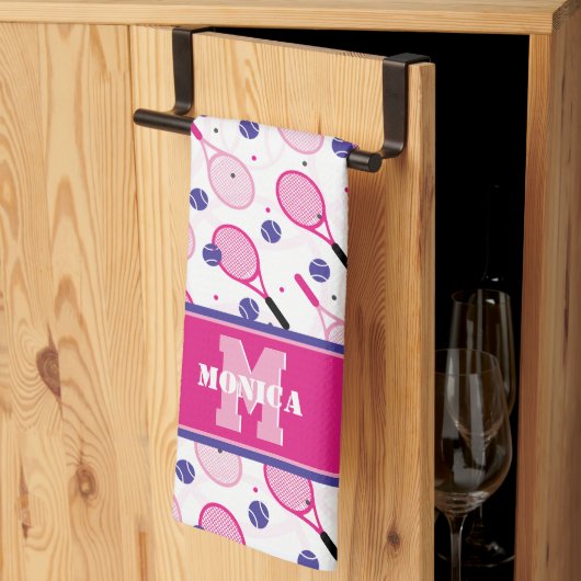 Linge De Cuisine Avec nom & initiale, raquettes de tennis rose & vi (Pliage en tiers)