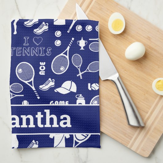Linge De Cuisine Avec son nom 🎾 bleu et blanc 🎾 (Quart Plié)