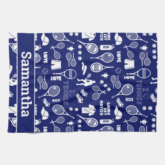 Linge De Cuisine Avec son nom 🎾 bleu et blanc 🎾 (Horizontal)