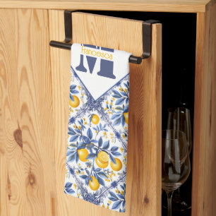 Linge De Cuisine Avec texte et 🍋 initial Lemon Azulejo avec bleu