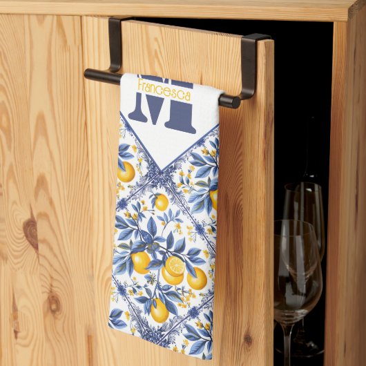 Linge De Cuisine Avec texte et 🍋 initial Lemon Azulejo avec bleu (Pliage en tiers)
