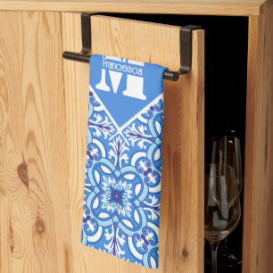 Linge De Cuisine Avec texte et 🤍 initiale 💙 Azulejos blanc et ble