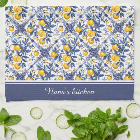 Linge De Cuisine Avec texte 🍋 Lemon Azulejo avec éléments bleus (Plié)