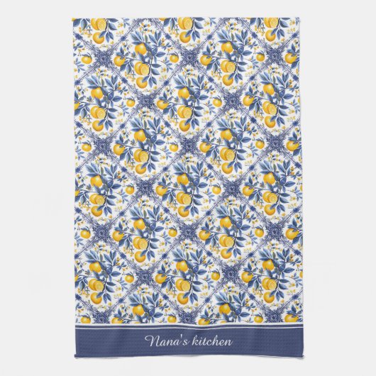 Linge De Cuisine Avec texte 🍋 Lemon Azulejo avec éléments bleus (Vertical)