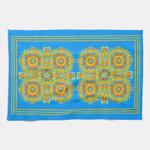 Linge De Cuisine Aztec Motif Bleu Orange Or Main Tirée Art