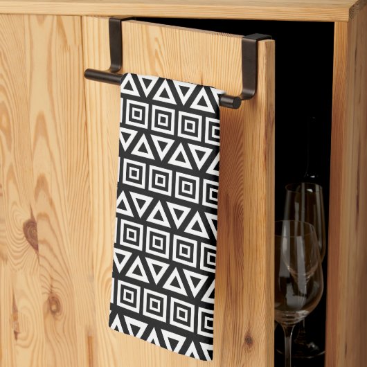 Linge De Cuisine Aztec Triangles+Motif Carré blanc sur noir (Pliage en tiers)