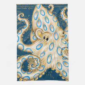 Linge De Cuisine Bague bleue Octopus Indigo Carte Vintage Nautique