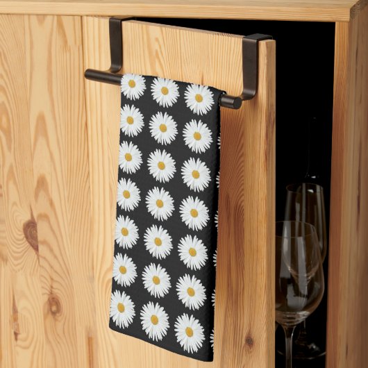 Linge De Cuisine Baise blanche sur motif floral noir (Pliage en tiers)