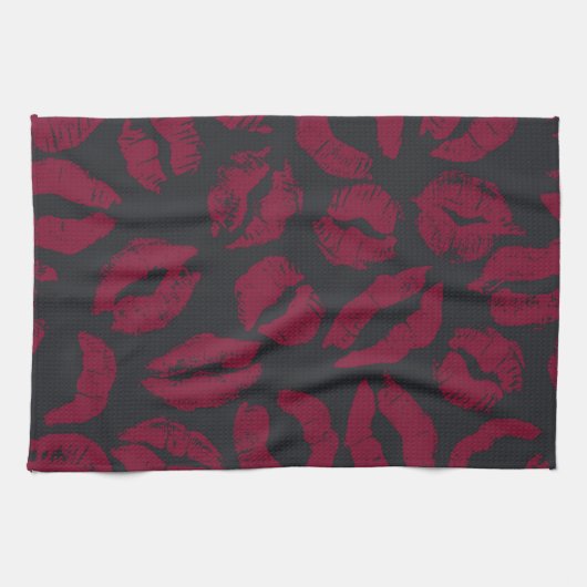 Linge De Cuisine Baisers en bâton à lèvres : empreintes rouges fonc (Horizontal)