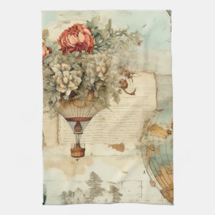 Linge De Cuisine Ballon à air chaud Pivoine Vintage Carte Antique