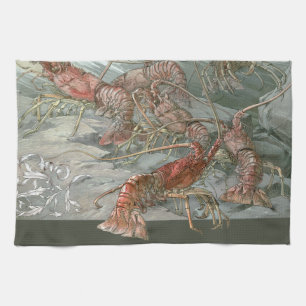 Linge De Cuisine Banc de homards dans l'océan, Art nouveau vintage