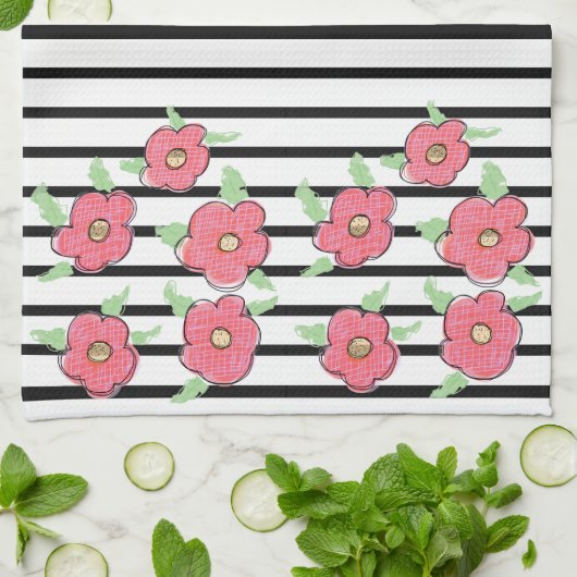 Linge De Cuisine Bande moderne noire et blanche (Plié)