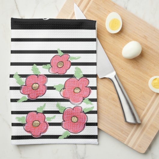 Linge De Cuisine Bande moderne noire et blanche (Quart Plié)