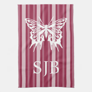 Linge De Cuisine Bande victorienne framboise avec monogramme papill