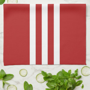 Linge De Cuisine Bandes blanches et chevrons sur fond rouge avec mo