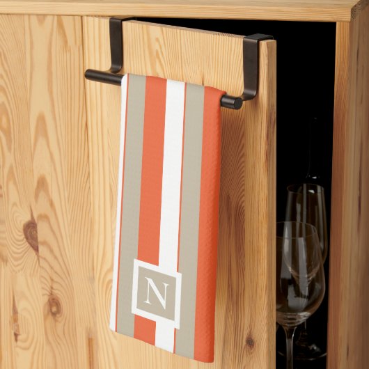 Linge De Cuisine Bandes blanches grises orange Monogramme     (Pliage en tiers)