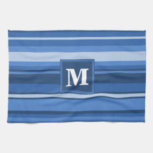Linge De Cuisine Bandes bleu monogramme