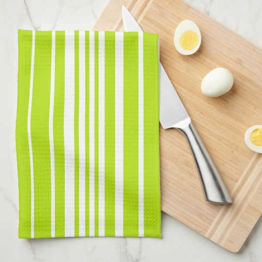 Linge De Cuisine Bandes complexes en vert citron et blanc (Quart Plié)
