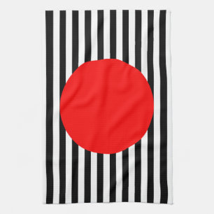 Linge De Cuisine Bandes noires et blanches avec cercle rouge monogr