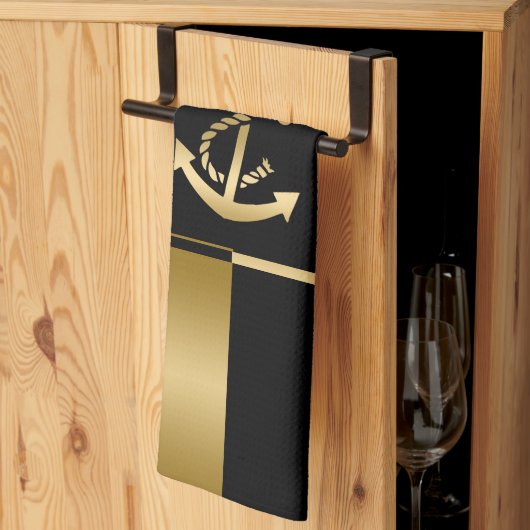 Linge De Cuisine Bandes noires et or avec Ancre nautique (Pliage en tiers)