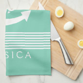 Linge De Cuisine Bandes Vert Et Blanc Avec Ancre Nautique (Quart Plié)