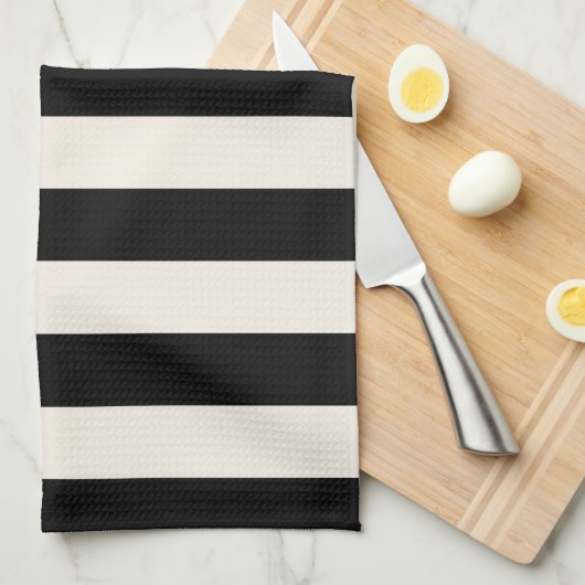 Linge De Cuisine Bandes Verticales Noir Et Crème Blanc Gratté (Quart Plié)