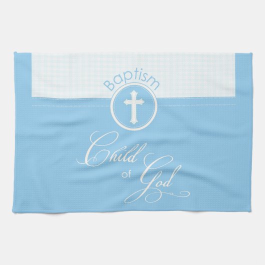 Linge De Cuisine Baptême Bleu Enfant de Dieu, personnalisable (Horizontal)