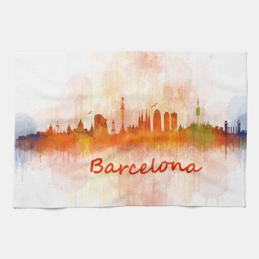 Linge De Cuisine Barcelone Skyline watercolor v04 (Horizontal)