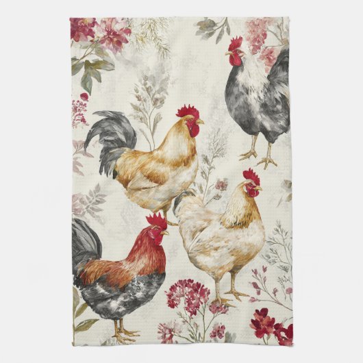 Linge De Cuisine Barnyard Chickens and Botanical Pattern Design (Vertical)
