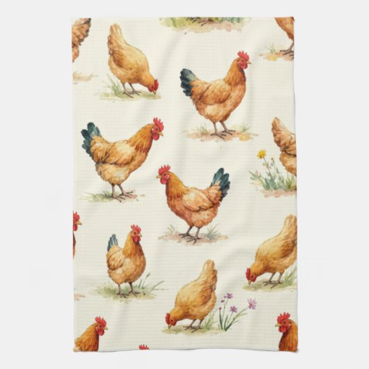 Linge De Cuisine Barnyard Chickens and Botanical Pattern Design (Vertical)