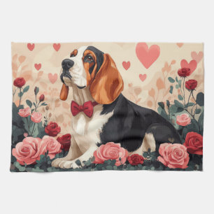 Linge De Cuisine Basset Hound avec des Roses - Saint-Valentin