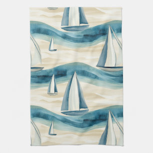 Linge De Cuisine Bateau à voile bleu moderne motif vague océanique