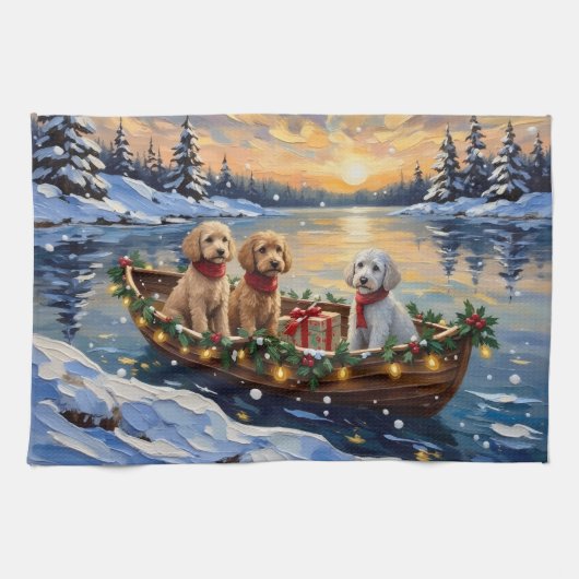 Linge De Cuisine Bateau de Noël de Caniche Fêtes (Horizontal)