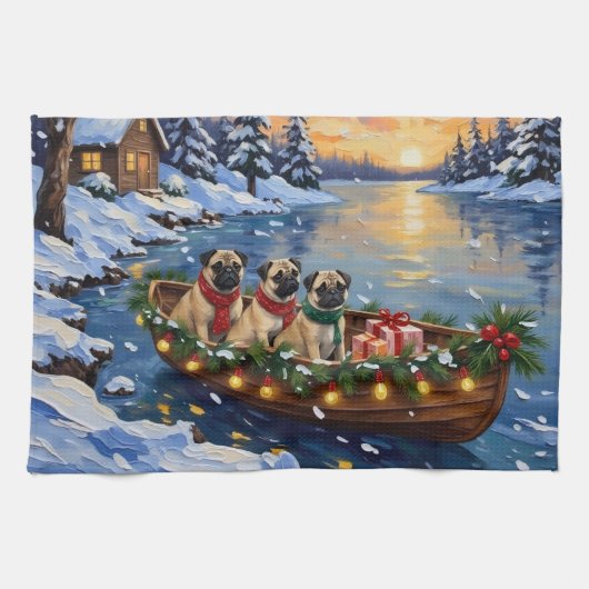 Linge De Cuisine Bateau de Noël Pug Fêtes (Horizontal)